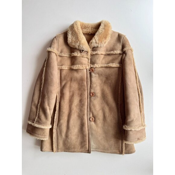 Vintage 70's Tan Genuine Sheepskin Suede Leather Shearling Ranch Coat, Size 6/XS - Picture 5 of 16